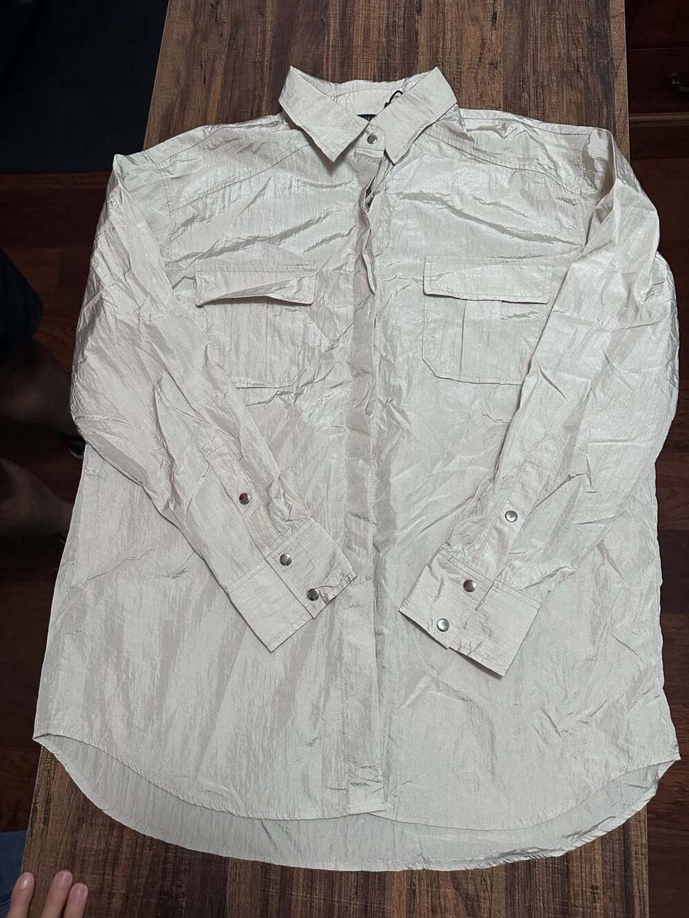 Forever 21 Button Down Shirt Size M Beige Metallic Crinkled Utility
